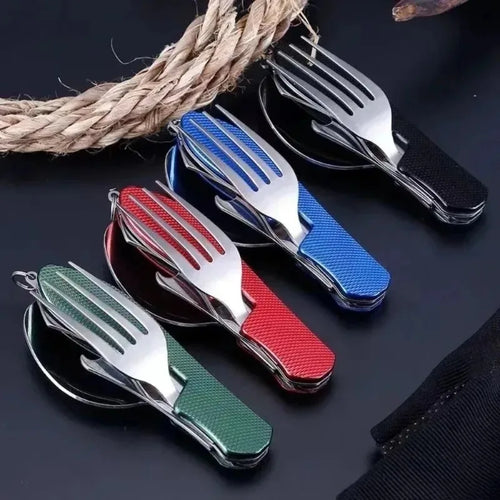 ..Stainless Steel Cutlery 4-in-1 Set - Foldable Knife, Fork, Spoon & Bottle Opener, Compact Outdoor Picnic Tableware CampingTool
